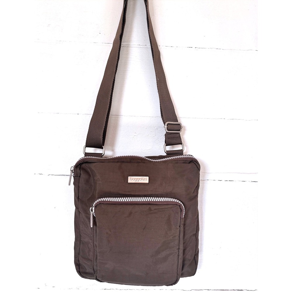 Baggallini Crossbody Bag Brown Nylon Adjustable Strap Multi Pocket Travel Purse